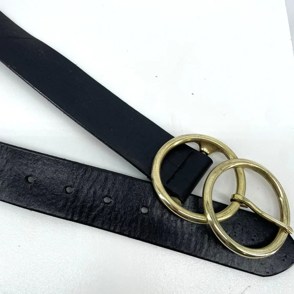 Black Leather Belt Double Ring Boho Artisan 1.5